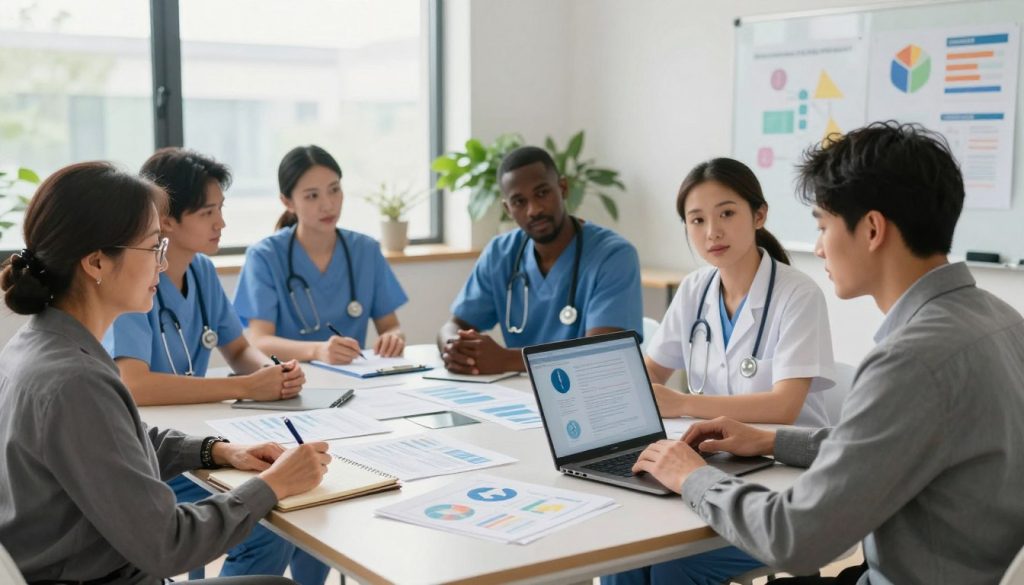 A bright and inviting office environment showcasing a diverse group of caregivers in professional business attire, engaged in a collaborative meeting. In the foreground, a middle-aged woman with glasses is taking notes, while a young man with a laptop shares a digital presentation. In the middle ground, a diverse group of caregivers, including a woman of Asian descent and a Black man, are discussing care strategies around a large table filled with charts and documents. The background features a large window with natural light streaming in, plants, and a whiteboard filled with colorful diagrams. The atmosphere is focused, supportive, and energizing, emphasizing teamwork and coordination for seamless care delivery. The image is well-lit, with soft shadows creating depth and professionalism. A bright and inviting office environment showcasing a diverse group of caregivers in professional business attire, engaged in a collaborative meeting. In the foreground, a middle-aged woman with glasses is taking notes, while a young man with a laptop shares a digital presentation. In the middle ground, a diverse group of caregivers, including a woman of Asian descent and a Black man, are discussing care strategies around a large table filled with charts and documents. The background features a large window with natural light streaming in, plants, and a whiteboard filled with colorful diagrams. The atmosphere is focused, supportive, and energizing, emphasizing teamwork and coordination for seamless care delivery. The image is well-lit, with soft shadows creating depth and professionalism.
