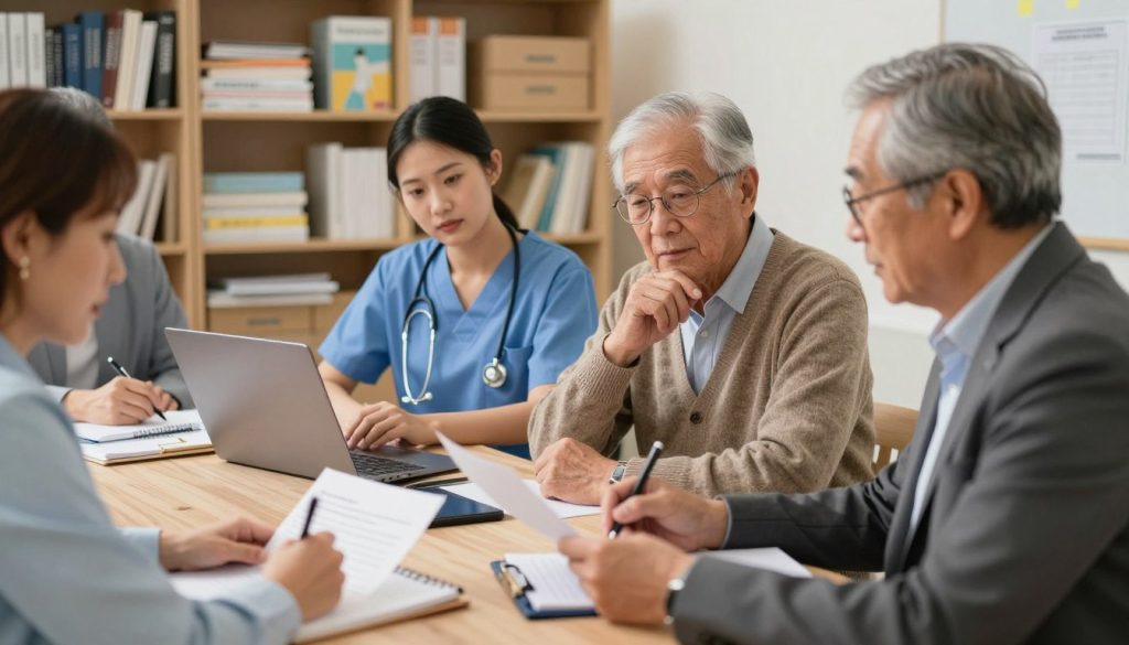 A diverse group of professionals collaborating in a well-lit office, creating a geriatric care planning team. In the foreground, a middle-aged woman with glasses, dressed in smart business attire, is discussing documents with a senior healthcare advisor, who is taking notes. Next to them, a young nurse in scrubs is using a laptop, while an elderly man in a cardigan observes the discussion, engaged and thoughtful. In the background, shelves filled with medical books and resource materials add to the academic environment. The lighting is warm and inviting, emphasizing a sense of teamwork and care. The angle captures a dynamic, collaborative scene, reflecting professionalism and compassion in aging family health planning.