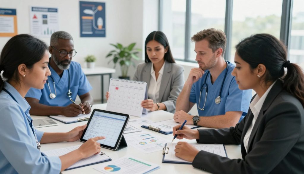 A diverse team of professional caregivers collaborating around a large table covered with schedules, charts, and digital devices, showcasing effective coordination. In the foreground, a South Asian woman wearing business attire points to a tablet, discussing shift patterns with a middle-aged Black man in glasses taking notes. In the middle, a Hispanic woman, also dressed professionally, studies a calendar on the table while a Caucasian man gestures thoughtfully. The background features a bright office space with motivational posters on the walls and large windows allowing natural light to flood the room. The mood is focused and collaborative, highlighting teamwork and organization, emphasizing the importance of effective caregiver schedules. A diverse team of professional caregivers collaborating around a large table covered with schedules, charts, and digital devices, showcasing effective coordination. In the foreground, a South Asian woman wearing business attire points to a tablet, discussing shift patterns with a middle-aged Black man in glasses taking notes. In the middle, a Hispanic woman, also dressed professionally, studies a calendar on the table while a Caucasian man gestures thoughtfully. The background features a bright office space with motivational posters on the walls and large windows allowing natural light to flood the room. The mood is focused and collaborative, highlighting teamwork and organization, emphasizing the importance of effective caregiver schedules.