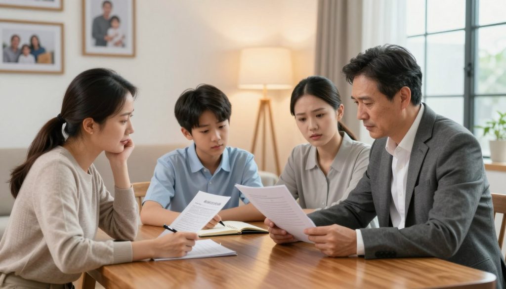 A family gathered around a polished wooden table in a cozy, well-lit living room, discussing long-term care insurance options. In the foreground, a middle-aged couple in professional business attire reviewing documents, with a concerned yet hopeful expression. In the middle ground, a young adult child attentively listening and taking notes, embodying the idea of responsibility and preparation. In the background, a warm atmosphere with soft lighting from a floor lamp, framed family photos on the walls, and a large window that lets in natural light, symbolizing security and a bright future. The mood is balanced, with a focus on collaboration and thoughtful planning, emphasizing the importance of financial strategy in caring for loved ones.