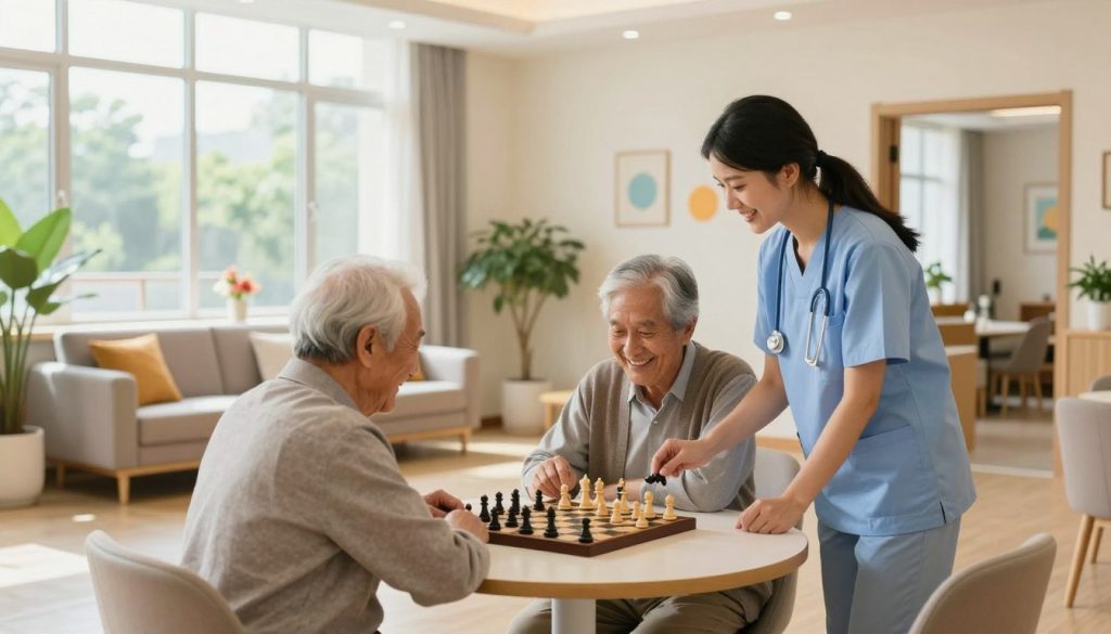 A serene and inviting long-term care facility, showcasing a bright, airy common room with large windows allowing soft, natural light to fill the space. In the foreground, a friendly caregiver in professional attire engages with a senior resident, both smiling and enjoying a game of chess at a round table. The middle ground features comfortable seating areas with cheerful decorations and plants, enhancing the warm atmosphere. In the background, glimpses of private rooms can be seen through open doorways, suggesting a variety of living arrangements. Soft colors dominate the palette, evoking a sense of peace and security. The overall mood reflects compassion, community, and care, ideal for illustrating supportive long-term care options for seniors.