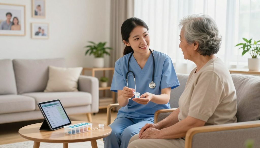 A serene and organized home healthcare setting, where a caring professional in modest, professional attire assists an elderly person seated in a comfortable armchair. The foreground features a warm, inviting room with a small table holding a pill organizer and a tablet displaying medical appointments. In the middle, the healthcare worker gently explains medication instructions with a compassionate smile, while the elderly individual listens attentively, showcasing warmth and trust. The background includes a well-lit living room with family photos, indoor plants, and bright window light filtering through sheer curtains, creating an uplifting atmosphere. The scene evokes a sense of support, care, and effective management of healthcare, with soft colors and a cozy ambiance, emphasizing the importance of comfort in elderly care.
