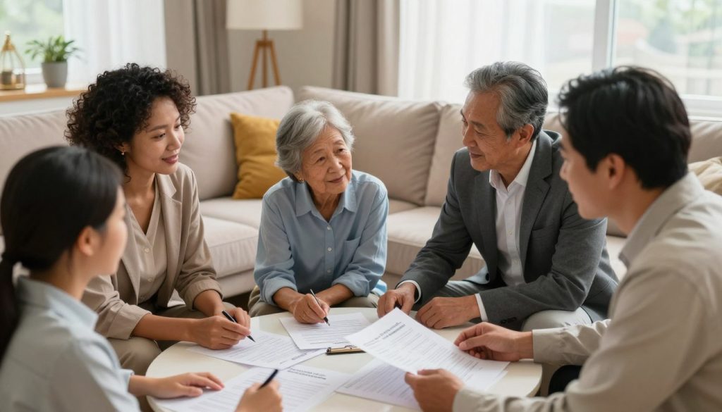 A serene living room, elegantly furnished to reflect a comfortable, supportive environment for long-term care. In the foreground, a close-up view of a diverse family consulting over a table filled with documents and care plans, each member wearing professional business attire, showcasing a sense of responsibility and collaboration. In the middle, a cozy couch and warm, inviting colors, with thoughtful decor that suggests a sense of security and care. In the background, large windows allowing soft, natural light to flood the room, enhancing the uplifting atmosphere. The overall mood is hopeful and proactive, capturing the essence of planning for a secure future. The image conveys warmth and professionalism, emphasizing the importance of assessing long-term care needs for family members.