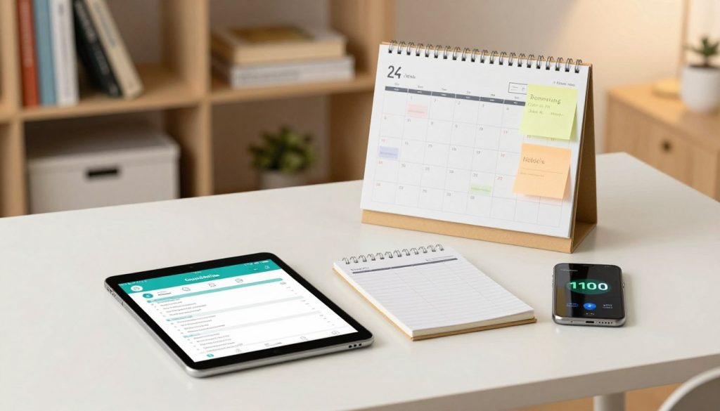 A variety of caregiver support tools arranged on a clean, modern desk. In the foreground, there are a tablet displaying a digital care coordination app, a notepad with organized lists, and a smartphone with a reminders alert. The middle ground features a calendar with color-coded tasks and sticky notes for easy visibility. In the background, soft-focus shelves can be seen filled with health-related books and resources. The lighting is warm and inviting, highlighting the tools in a well-lit home office setting. The atmosphere conveys efficiency and support, emphasizing organization and ease in family caregiving. The overall composition is balanced, with a slight overhead angle to capture depth and clarity without human subjects.