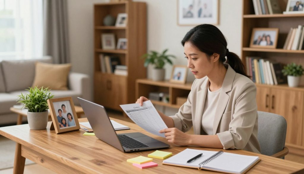 A warm and inviting home office scene depicting a family caregiver in action. In the foreground, an Asian woman in smart-casual attire is sitting at a large wooden desk, attentively reviewing care schedules on a laptop, surrounded by colorful sticky notes and a planner. In the middle ground, a framed family photo and a potted plant add a personal touch to the space. In the background, a cozy living room with soft lighting emanates from a nearby window, showing a cozy couch and bookshelves filled with family mementos. The atmosphere is supportive and organized, conveying the essence of efficient family caregiving coordination. The image is well-lit with natural light, capturing a peaceful and productive ambiance, suggesting harmony in family caregiving.