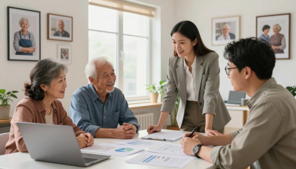 A warm and inviting office setting focused on senior care planning. In the foreground, a diverse group of four professionals—a middle-aged woman and a senior man in smart casual attire, a young woman in business attire, and a man in glasses—gather around a large table covered with documents, charts, and a laptop. In the middle ground, an open window allows soft, natural light to fill the room, creating a hopeful atmosphere. On the walls, framed images of happy seniors and caregiving moments serve as an inspiring backdrop. The scene captures collaboration and empathy in elderly care strategy development, emphasizing the supportive relationships among involved parties. The composition is well-lit, ensuring a positive and professional vibe throughout.