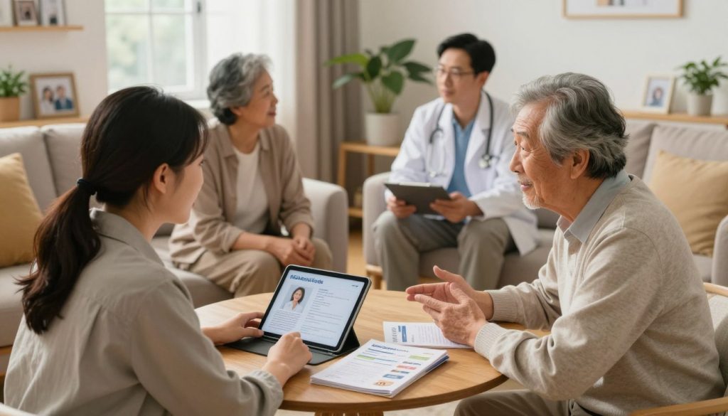 A warm and inviting scene depicting a multi-generational family gathering around a cozy living room. In the foreground, a caring adult child, dressed in smart-casual attire, is discussing care options with an elderly parent who appears engaged and comfortable. There are informational brochures and a tablet on the table, symbolizing the coordination of care resources. In the middle ground, a supportive family member is talking with a healthcare professional, highlighting the importance of building a support network. The background features a softly lit room with family photos, plants, and comfortable furniture, creating a homely atmosphere. The lighting is soft and warm, evoking a sense of security and nurturing. The angle is slightly elevated, capturing the dynamics of the scene while maintaining focus on the interactions between the characters. A warm and inviting scene depicting a multi-generational family gathering around a cozy living room. In the foreground, a caring adult child, dressed in smart-casual attire, is discussing care options with an elderly parent who appears engaged and comfortable. There are informational brochures and a tablet on the table, symbolizing the coordination of care resources. In the middle ground, a supportive family member is talking with a healthcare professional, highlighting the importance of building a support network. The background features a softly lit room with family photos, plants, and comfortable furniture, creating a homely atmosphere. The lighting is soft and warm, evoking a sense of security and nurturing. The angle is slightly elevated, capturing the dynamics of the scene while maintaining focus on the interactions between the characters.