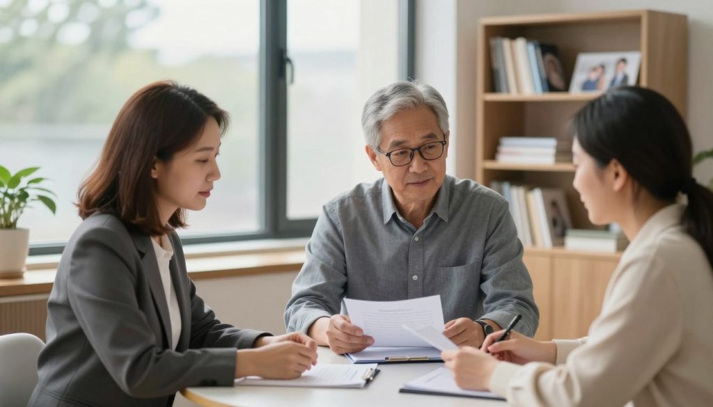 A warm, serene office environment focused on healthcare planning for aging parents. In the foreground, a diverse group of three professionals—two women and one man—are seated around a round table, reviewing documents and discussing care options. The woman on the left has shoulder-length brown hair and wears a smart blazer, while the man in the center has gray hair and glasses, dressed in business casual. In the background, a large window lets in soft, natural light, illuminating a bookshelf filled with health resources and family photos. The mood is collaborative and thoughtful, conveying a sense of care and responsibility. Use a shallow depth of field to emphasize the group while softly blurring the background details. A warm, serene office environment focused on healthcare planning for aging parents. In the foreground, a diverse group of three professionals—two women and one man—are seated around a round table, reviewing documents and discussing care options. The woman on the left has shoulder-length brown hair and wears a smart blazer, while the man in the center has gray hair and glasses, dressed in business casual. In the background, a large window lets in soft, natural light, illuminating a bookshelf filled with health resources and family photos. The mood is collaborative and thoughtful, conveying a sense of care and responsibility. Use a shallow depth of field to emphasize the group while softly blurring the background details.