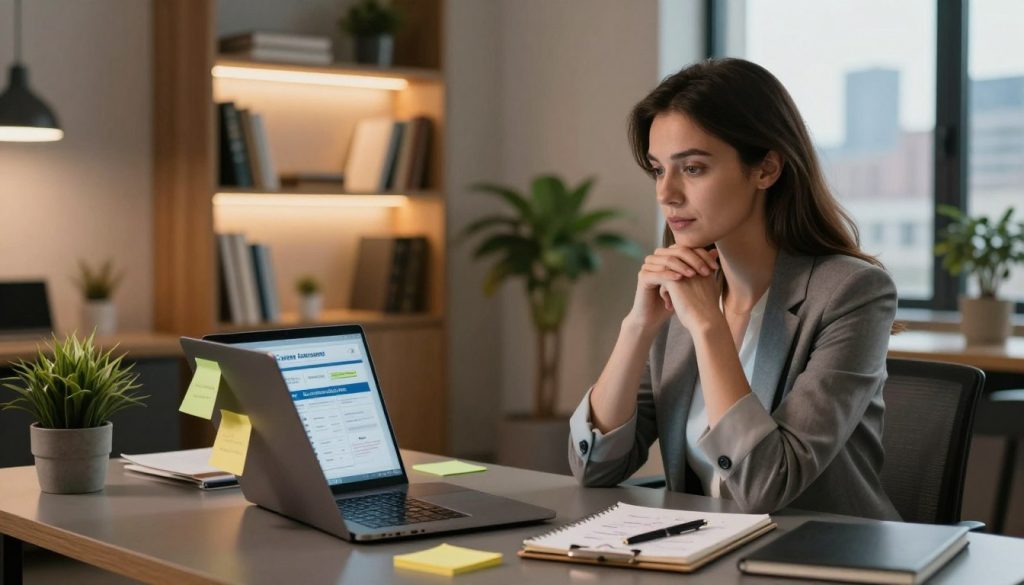A confident professional woman in a cozy, modern office setting, thoughtfully assessing her career options. In the foreground, she sits at a sleek desk with an open laptop displaying a career assessment tool, surrounded by colorful sticky notes and a notepad filled with ideas. The middle ground features a softly lit bookshelf filled with motivational books, while a green potted plant adds a touch of freshness. The background reveals a window with a city skyline, symbolizing new opportunities. The warm, ambient lighting creates an inviting mood for reflection and determination. The woman is dressed in smart casual attire, exuding professionalism and readiness for change. The composition is shot from a slightly elevated angle, emphasizing her contemplative expression.