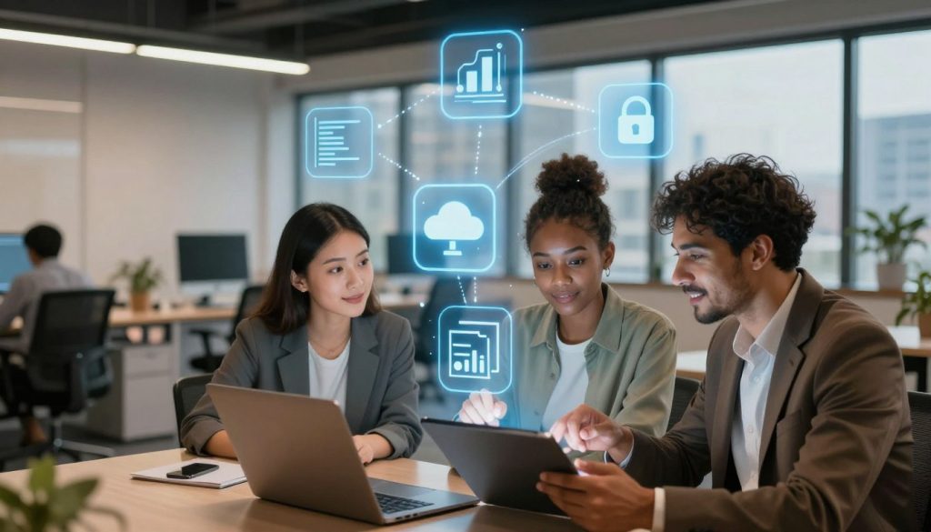 A visually engaging representation of essential technical skills for modern workplaces. In the foreground, display a diverse group of three professionals in smart casual attire, interacting with a digital tablet and a laptop. The middle layer features floating icons symbolizing vital skills such as coding, data analysis, cloud computing, cybersecurity, and project management, visually connected by lines of light. In the background, a modern office setting with sleek furniture, large windows revealing a cityscape, and soft, ambient lighting creates a productive atmosphere. The composition should suggest collaboration and innovation, with warm color tones enhancing the motivational mood of the scene. Capture the image from a slightly elevated angle to emphasize the teamwork and dynamism of the environment. A visually engaging representation of essential technical skills for modern workplaces. In the foreground, display a diverse group of three professionals in smart casual attire, interacting with a digital tablet and a laptop. The middle layer features floating icons symbolizing vital skills such as coding, data analysis, cloud computing, cybersecurity, and project management, visually connected by lines of light. In the background, a modern office setting with sleek furniture, large windows revealing a cityscape, and soft, ambient lighting creates a productive atmosphere. The composition should suggest collaboration and innovation, with warm color tones enhancing the motivational mood of the scene. Capture the image from a slightly elevated angle to emphasize the teamwork and dynamism of the environment.